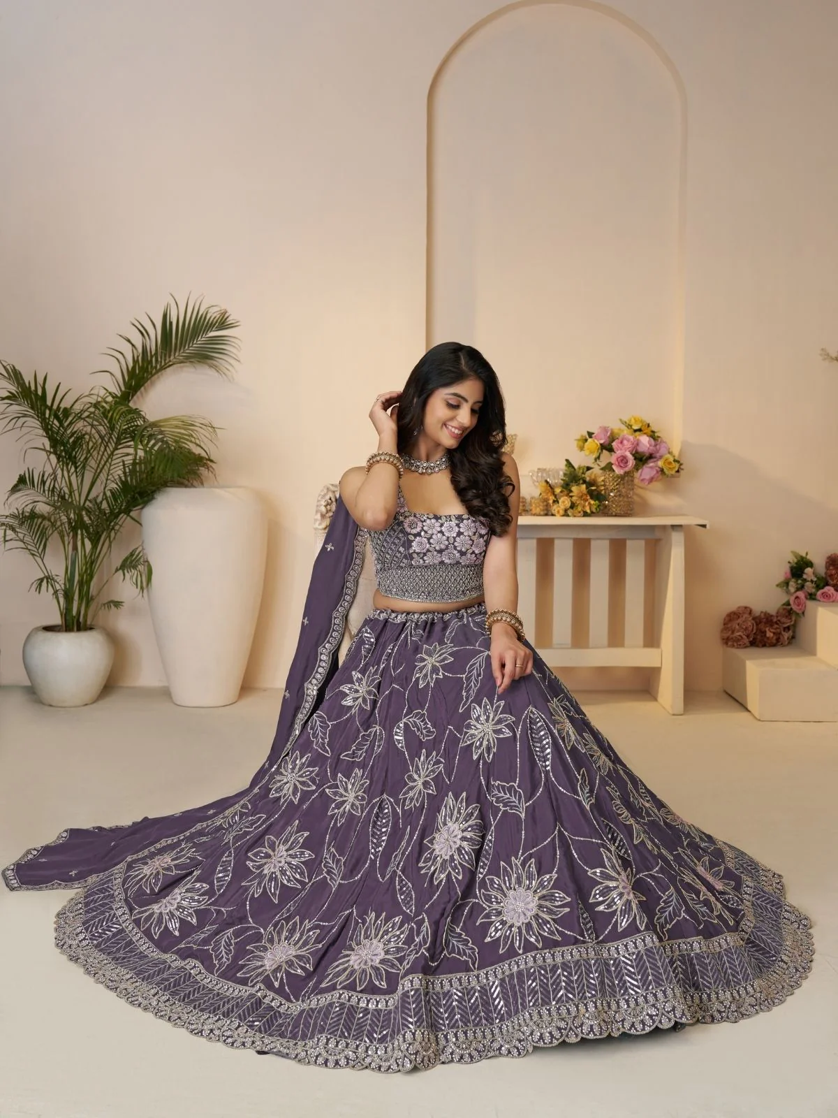 Odette Purple Silk Blend Embroidered Semi-Stitched Lehenga For Women - Image 2