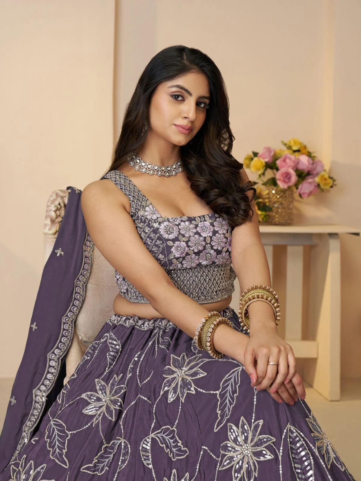 Odette Purple Silk Blend Embroidered Semi-Stitched Lehenga For Women - Image 3