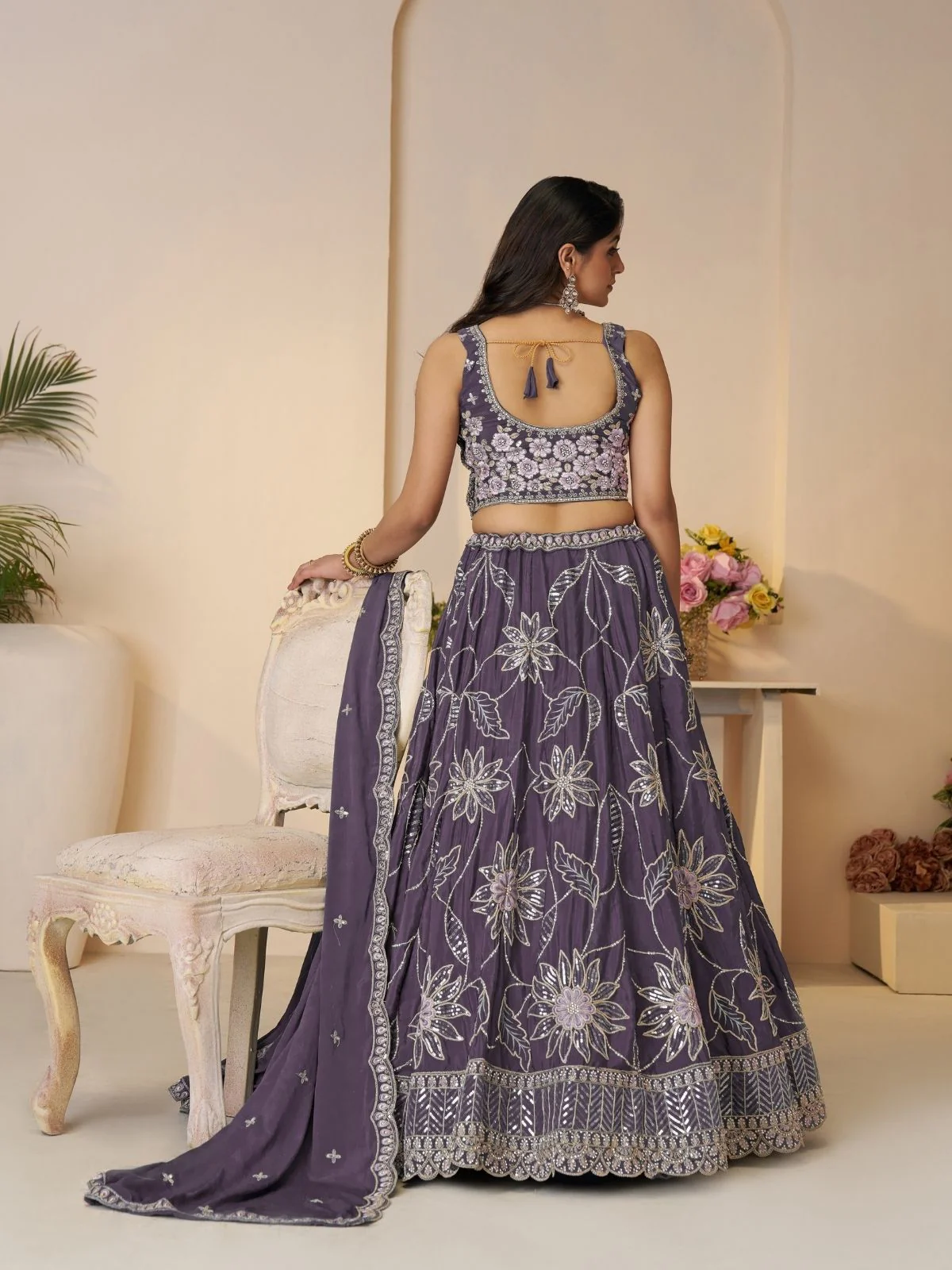 Odette Purple Silk Blend Embroidered Semi-Stitched Lehenga For Women - Image 4
