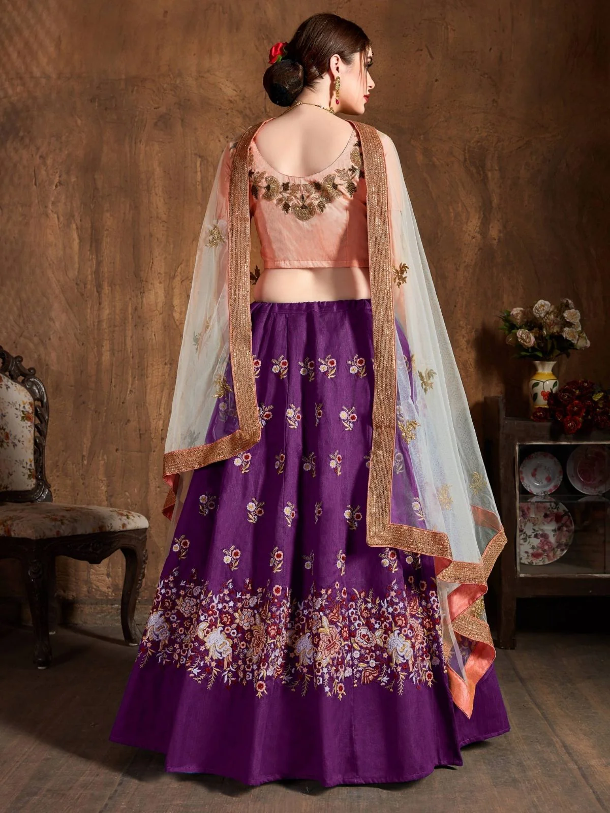 Odette Purple Silk Blend Embroidered Semi Stitched Lehenga With Blouse For Women - Image 3