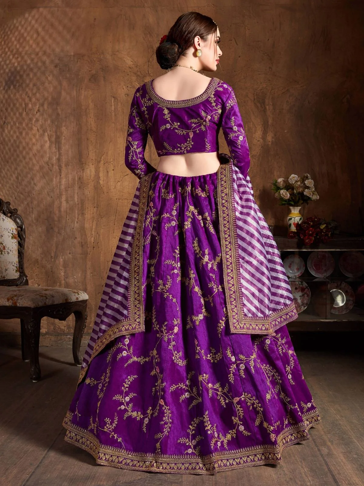 Odette Purple Silk Blend Embroidered Semi Stitched Lehenga With Blouse For Women - Image 4