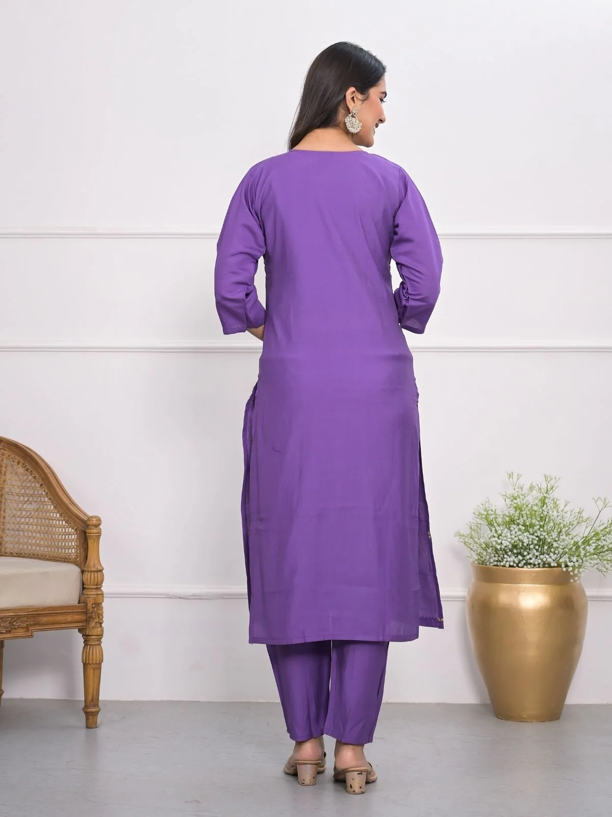 Odette Purple Silk Blend Embroidered Stitched Kurta Set For Women - Image 5