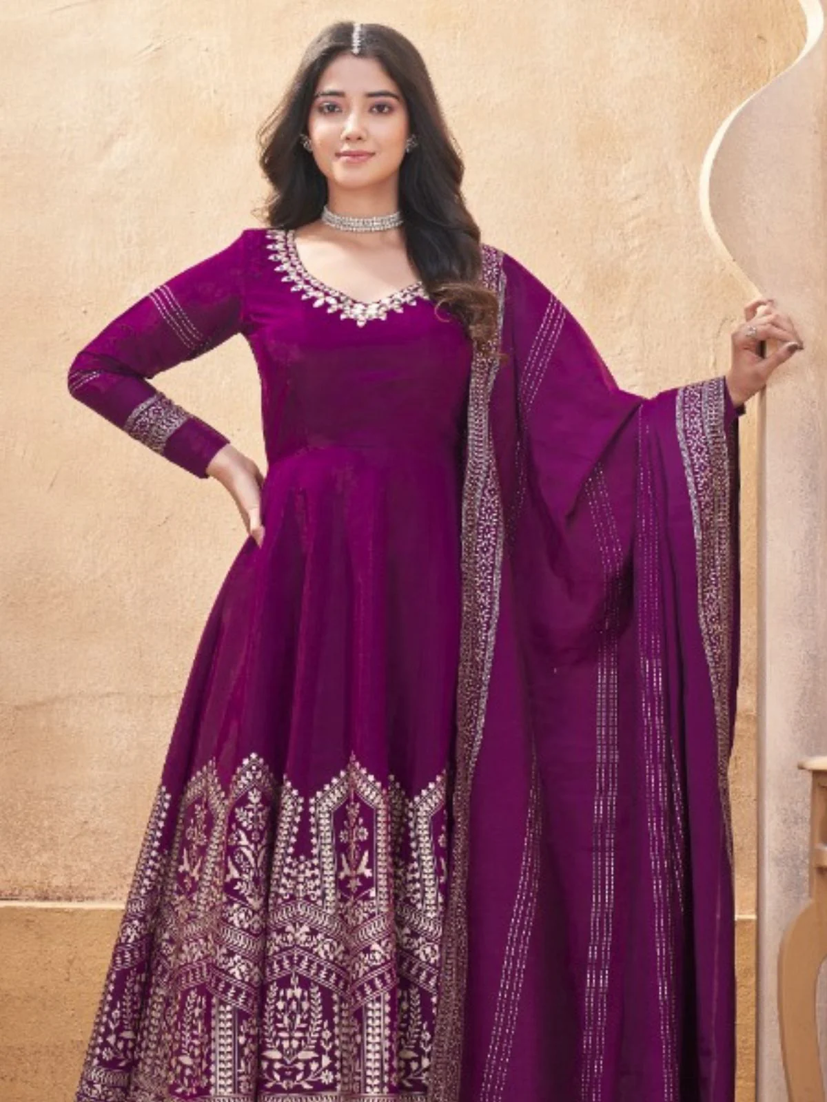 Odette Purple Silk Blend Embroidered Stitched Kurta Set For Women - Image 2