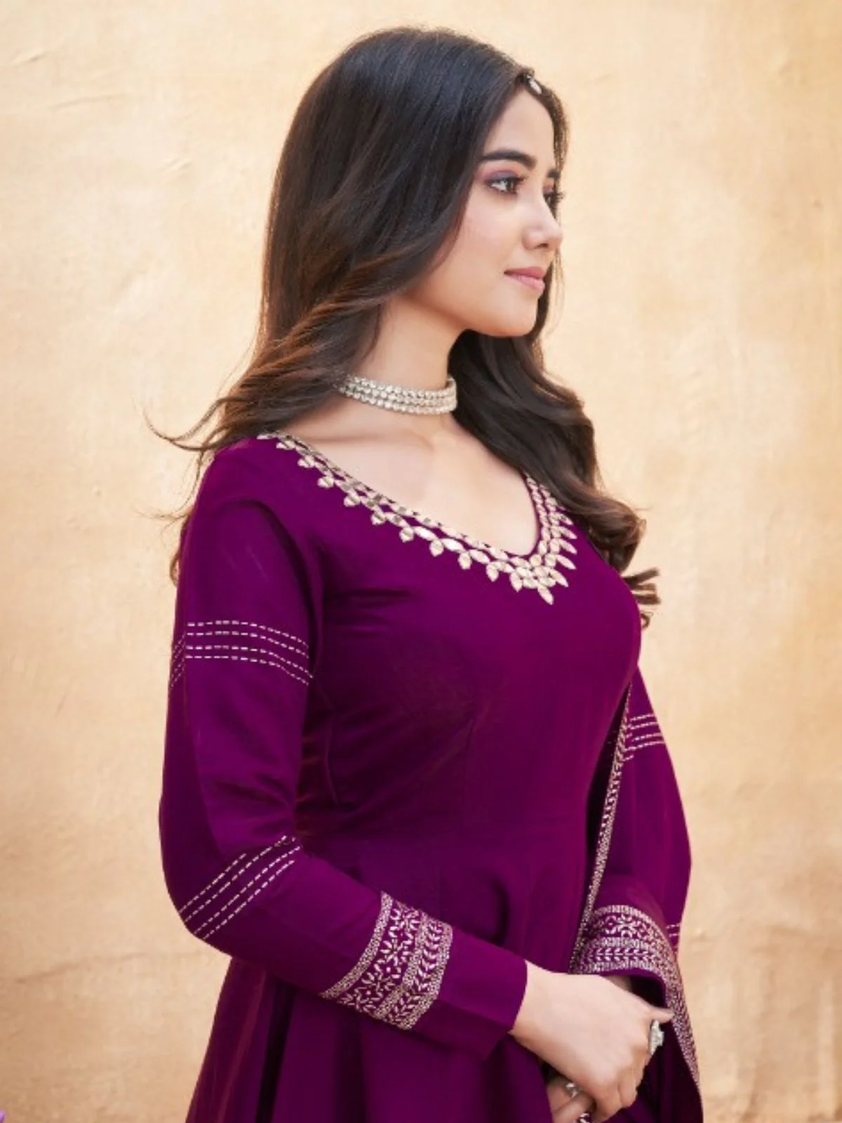 Odette Purple Silk Blend Embroidered Stitched Kurta Set For Women - Image 3