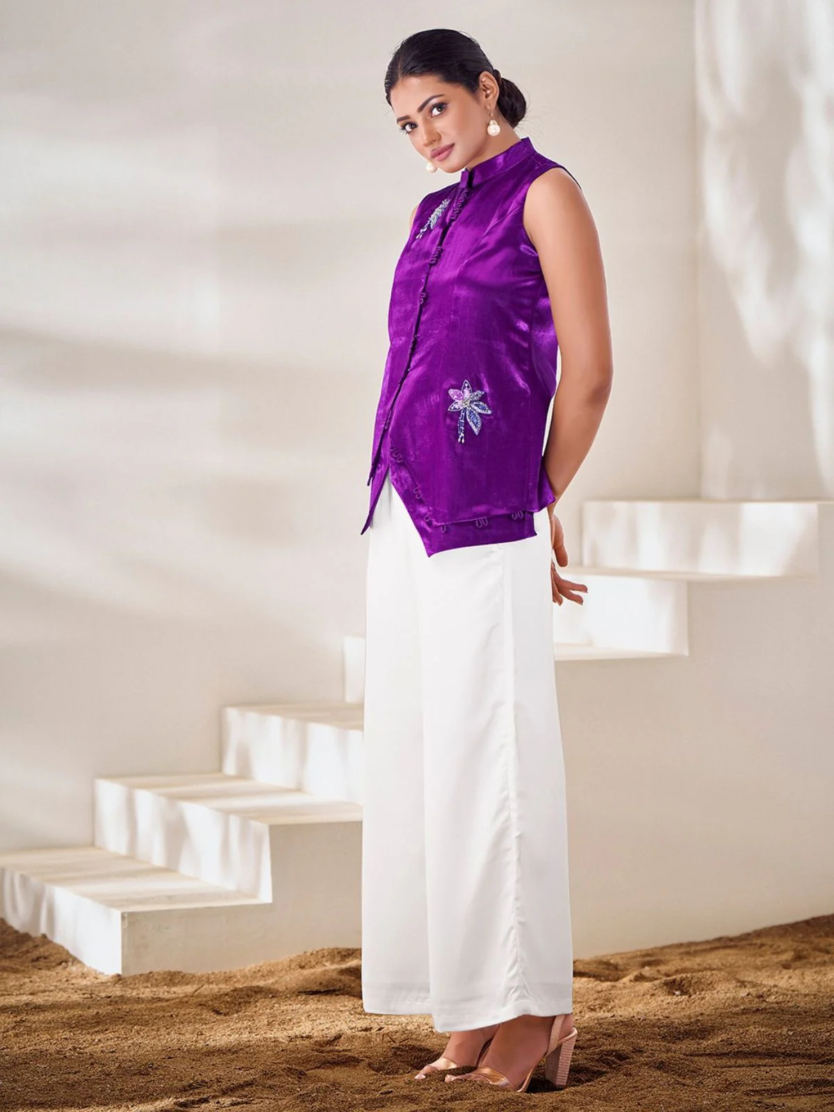 Odette Purple Silk Blend Embroidered Top For Women - Image 2