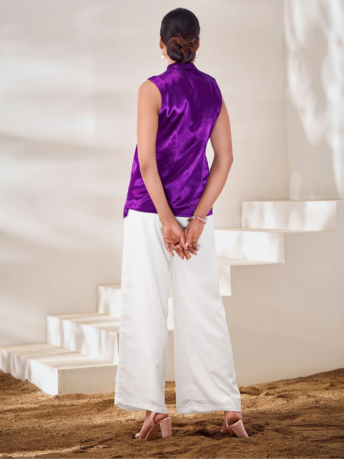 Odette Purple Silk Blend Embroidered Top For Women - Image 3
