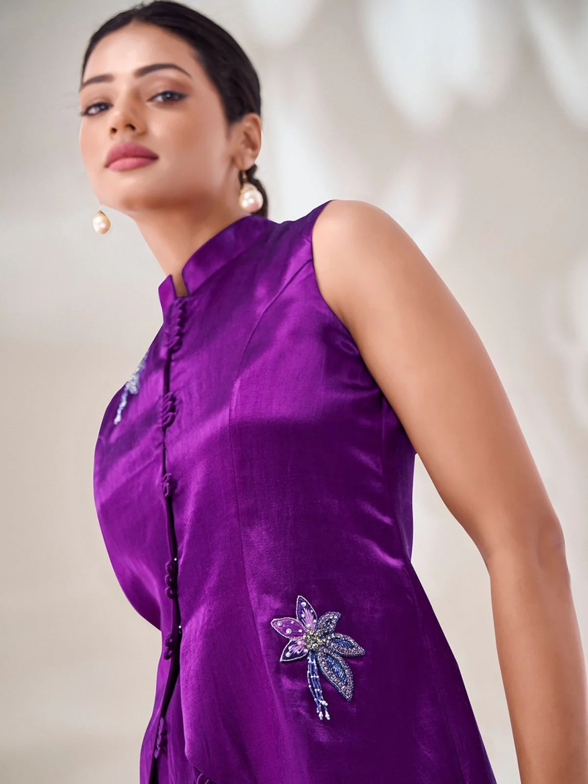 Odette Purple Silk Blend Embroidered Top For Women - Image 4