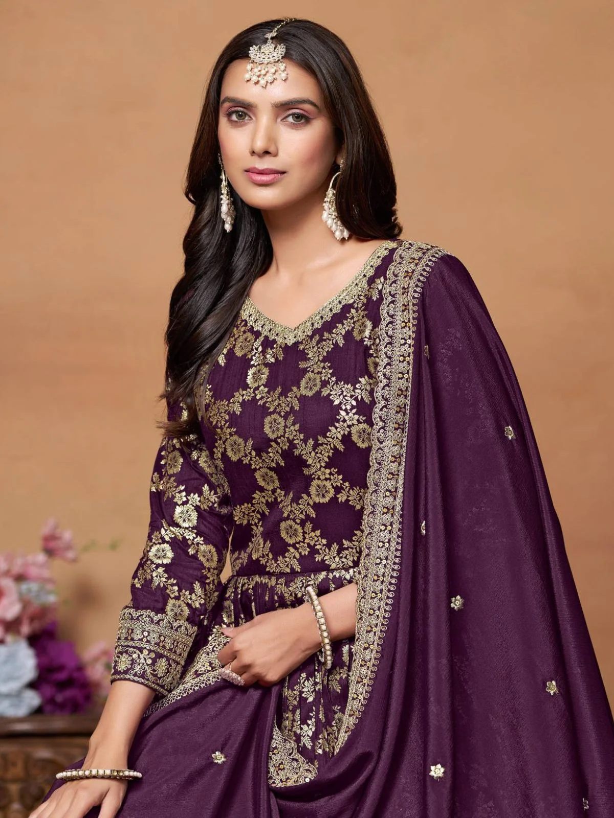 Odette Purple Silk Blend Foil Print Gown For Women - Image 4