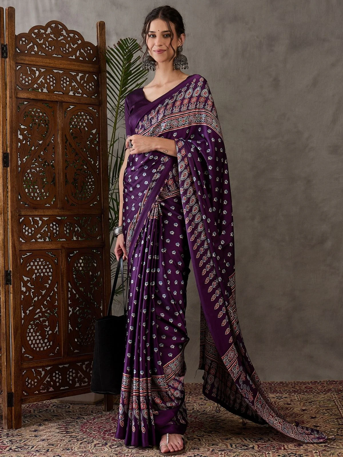 Odette Purple Silk Blend Printed Elegant Saree For Women