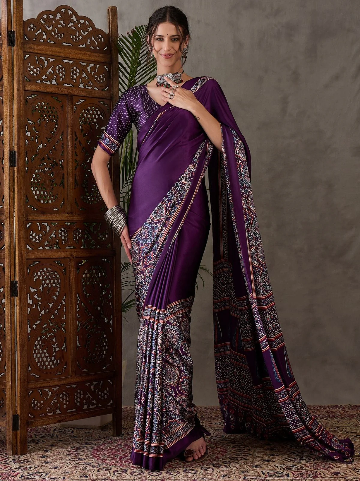 Odette Purple Silk Blend Printed Elegant Saree For Women