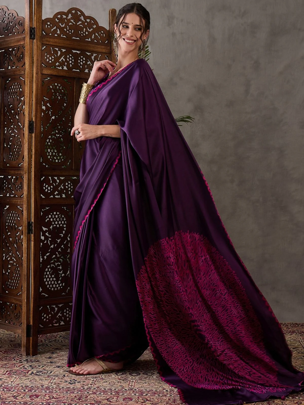 Odette Purple Silk Blend Printed Elegant Saree For Women - Image 3