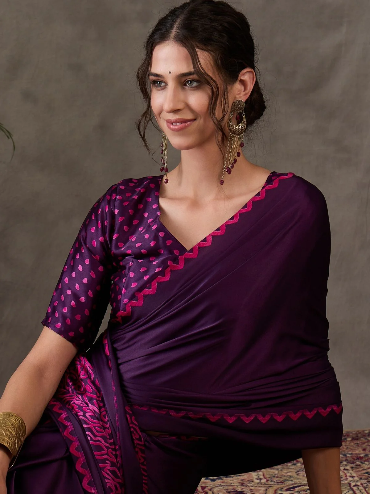 Odette Purple Silk Blend Printed Elegant Saree For Women - Image 4