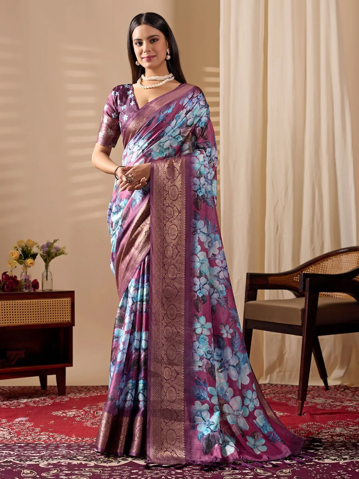 Odette Purple Silk Blend Printed Saree For Women