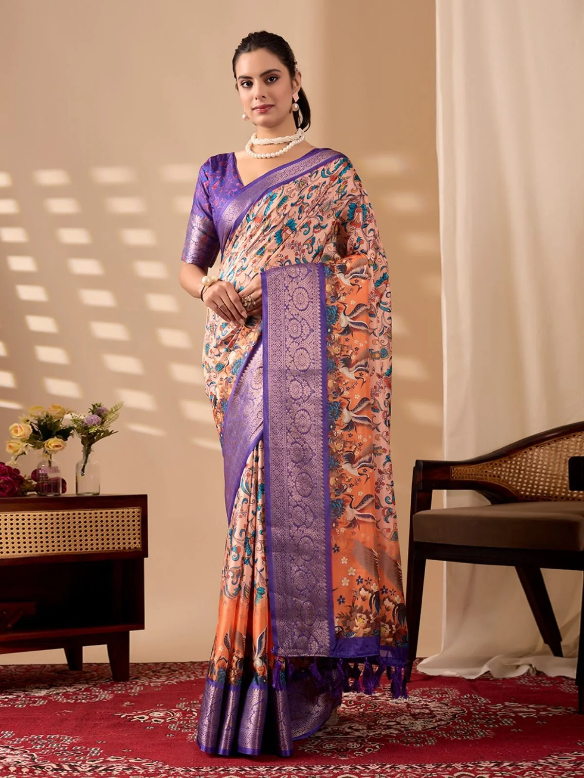 Odette Purple Silk Blend Printed Saree For Women