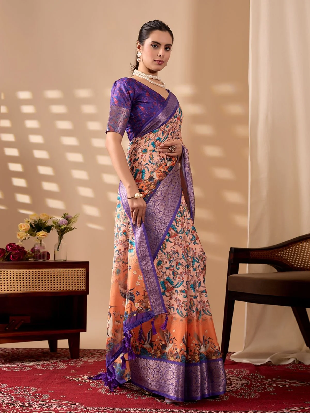 Odette Purple Silk Blend Printed Saree For Women - Image 2