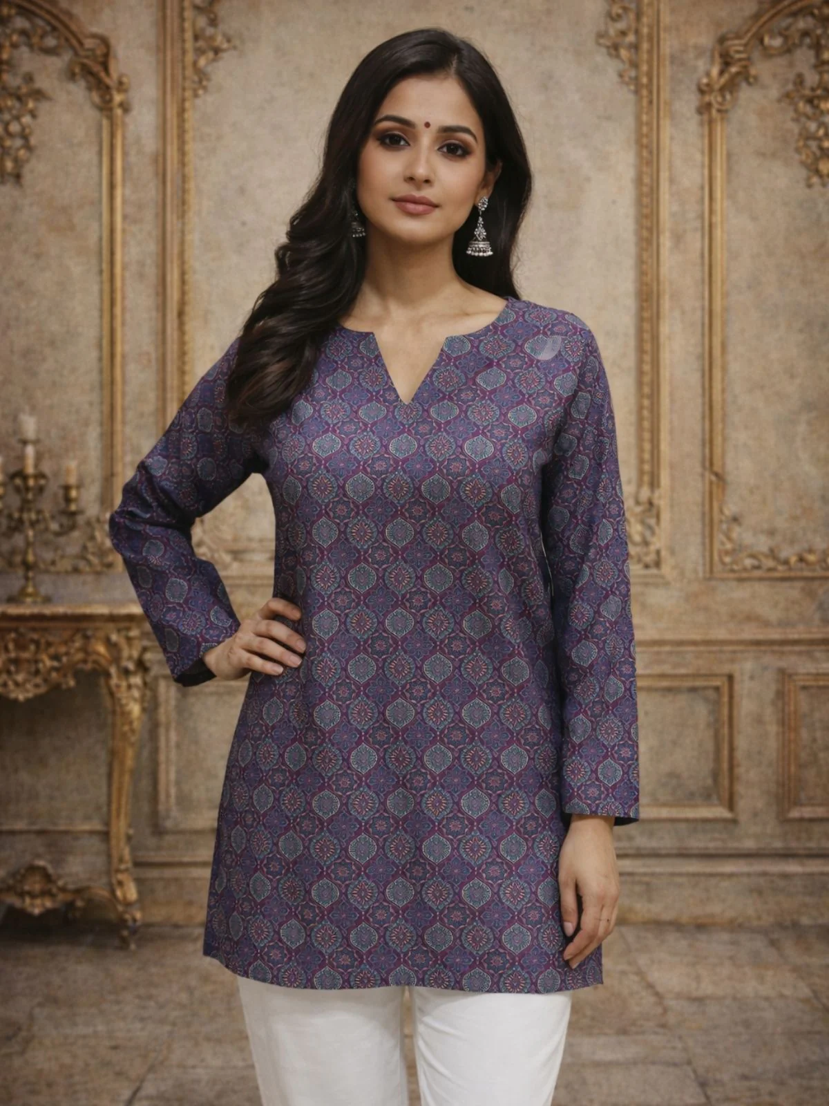 Odette Purple Silk Blend Printed Solid Kurti For Women - Image 2