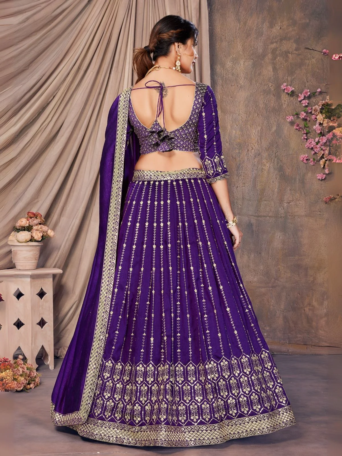Odette Purple Silk Blend Sequins Embroidered Semi-Stitched Lehenga For Women - Image 2