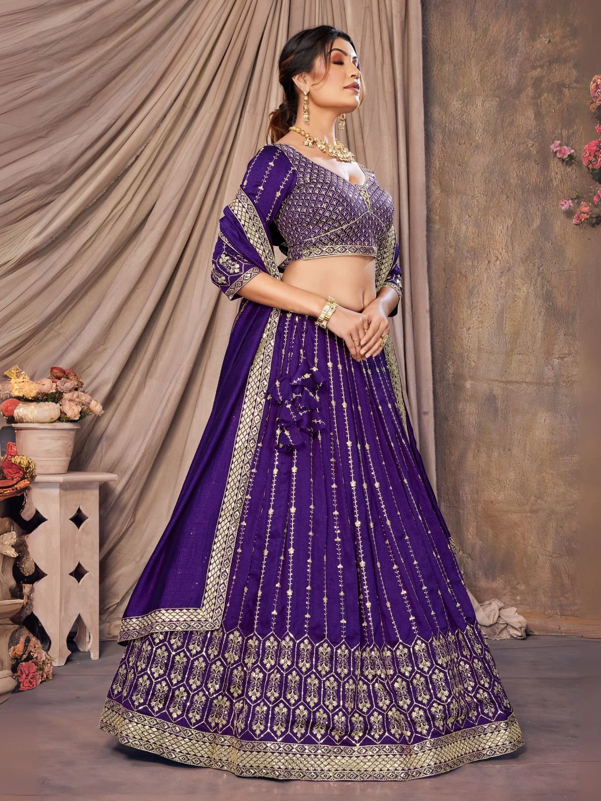 Odette Purple Silk Blend Sequins Embroidered Semi-Stitched Lehenga For Women - Image 3