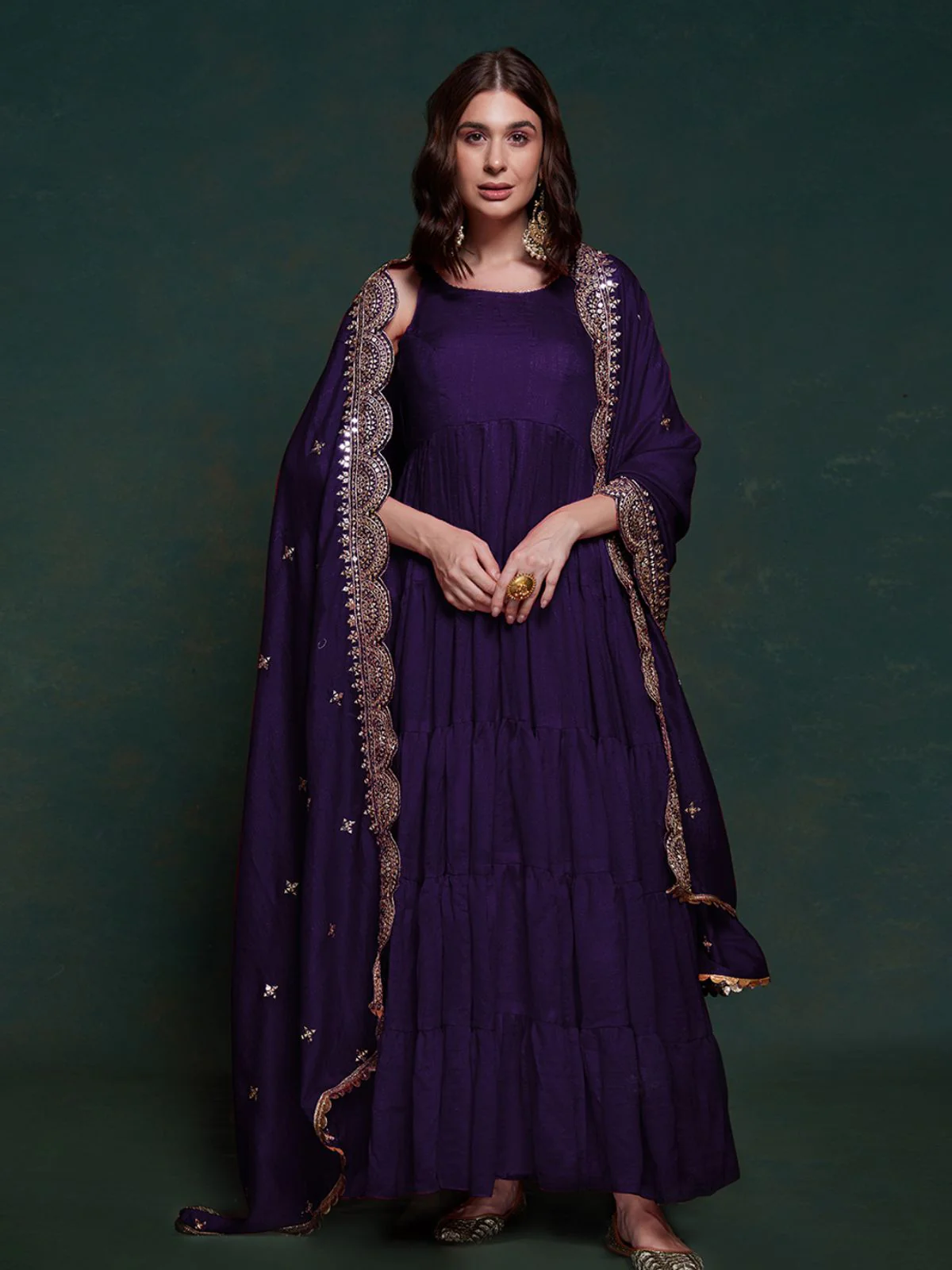 Odette Purple Silk Blend Solid Stitched Gown For Women - Image 2