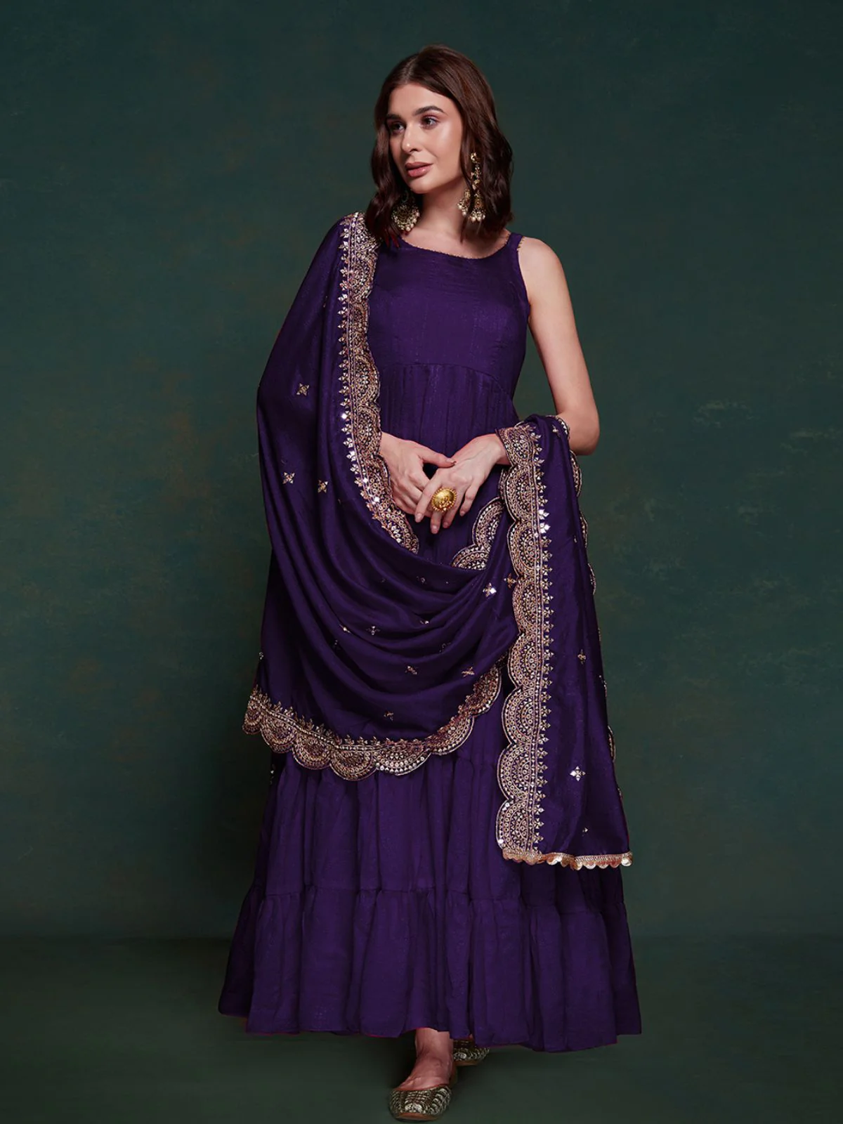 Odette Purple Silk Blend Solid Stitched Gown For Women - Image 3