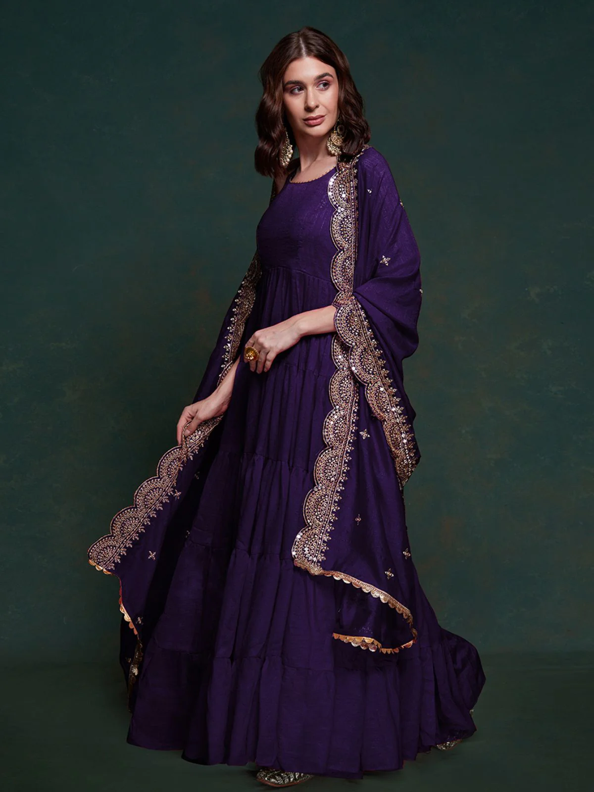 Odette Purple Silk Blend Solid Stitched Gown For Women - Image 4