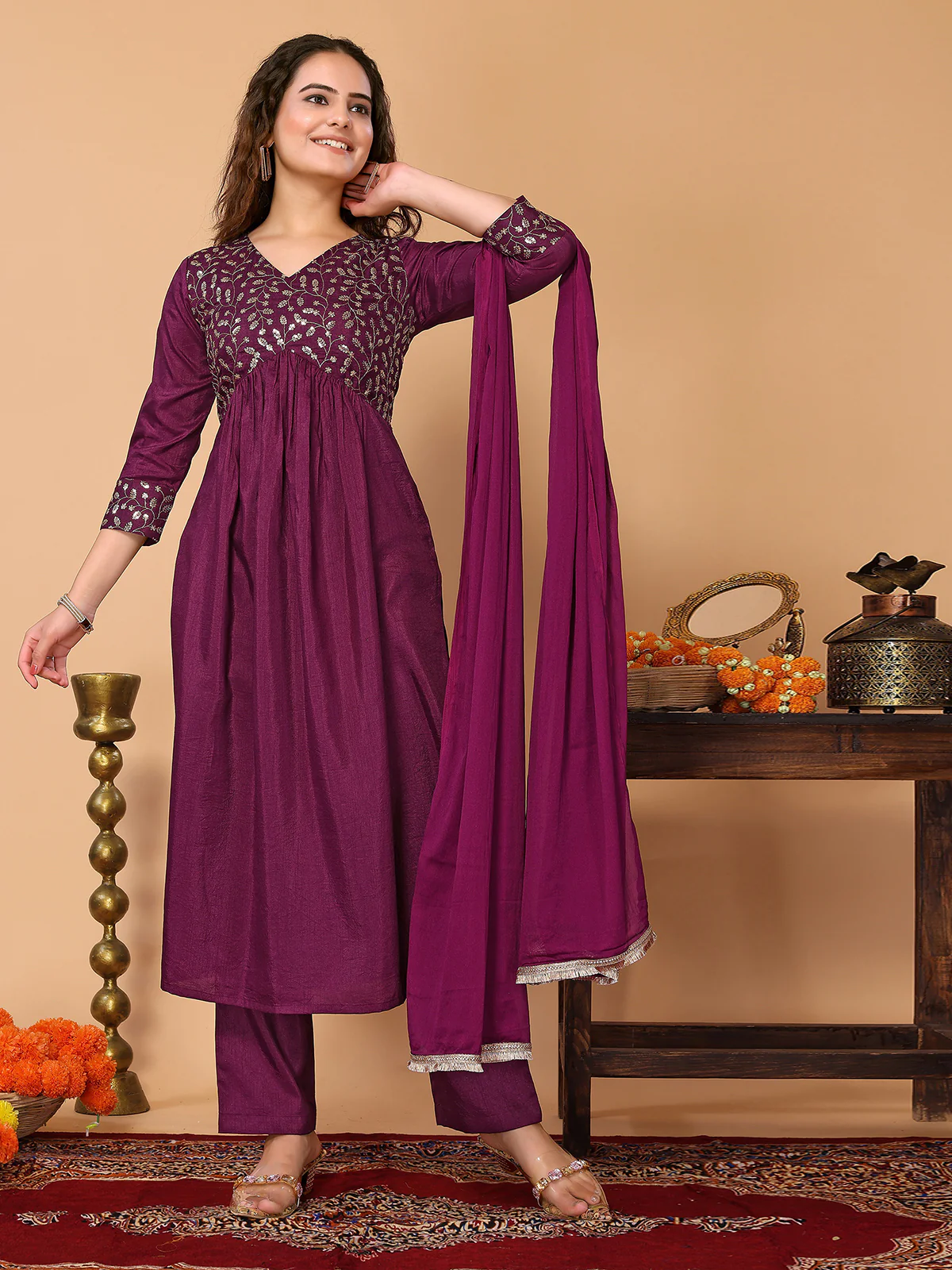 Odette Purple Silk Blend Embroidered Stitched Kurta set for Women - Image 2