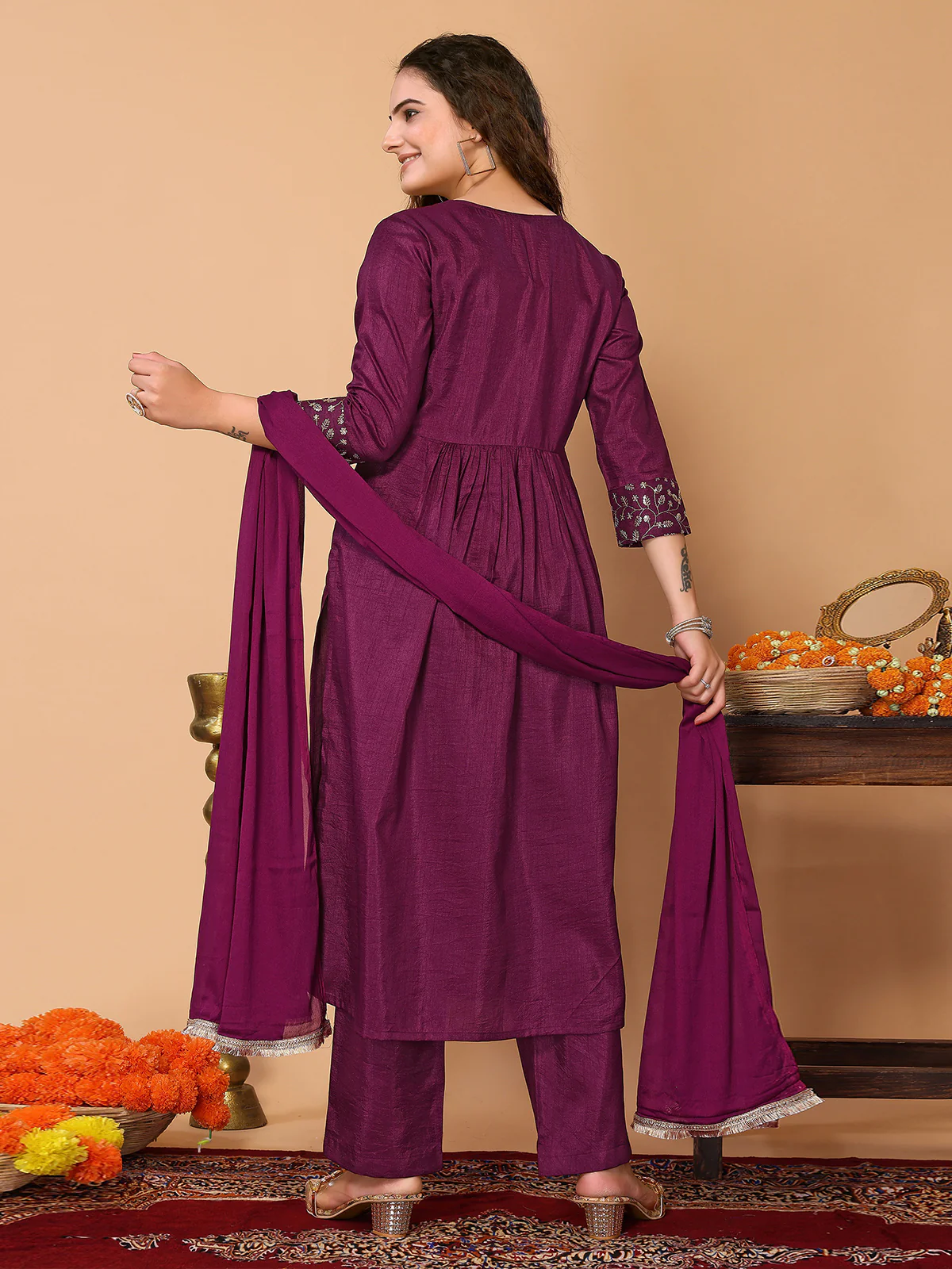 Odette Purple Silk Blend Embroidered Stitched Kurta set for Women - Image 3