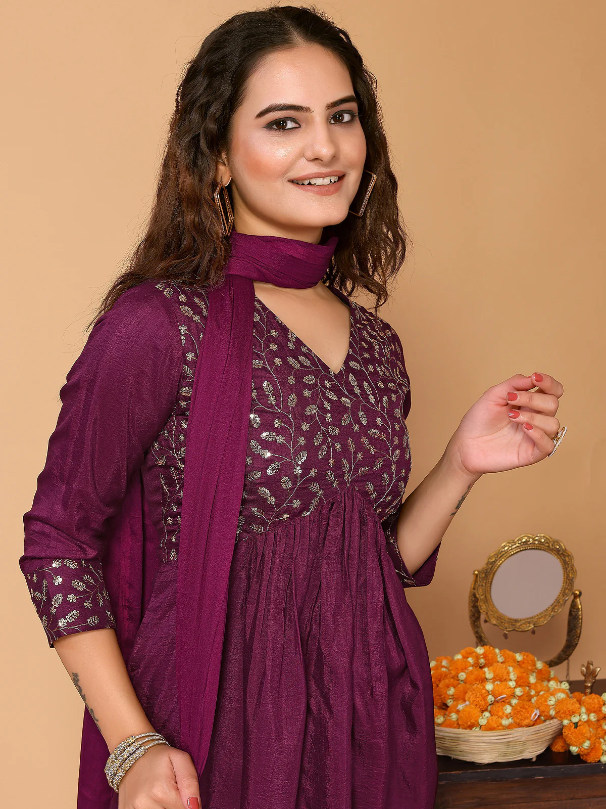 Odette Purple Silk Blend Embroidered Stitched Kurta set for Women - Image 4