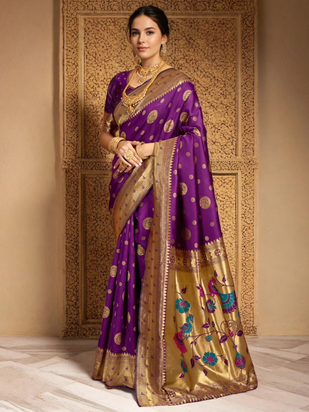 Odette Purple Silk Blend Woven Pithani Saree For Women