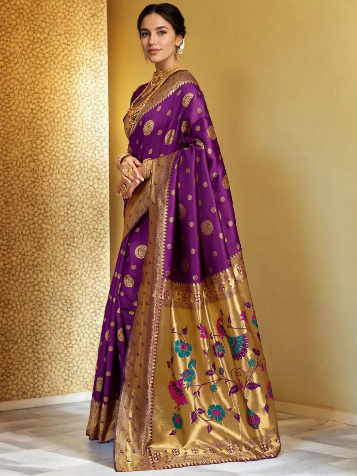 Odette Purple Silk Blend Woven Pithani Saree For Women - Image 2