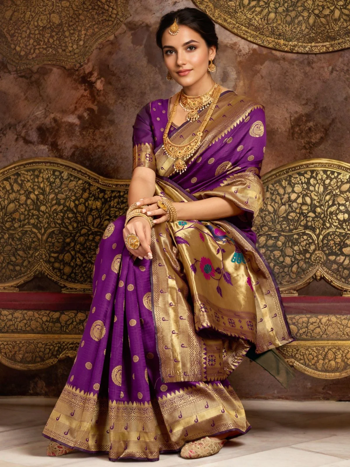 Odette Purple Silk Blend Woven Pithani Saree For Women - Image 3