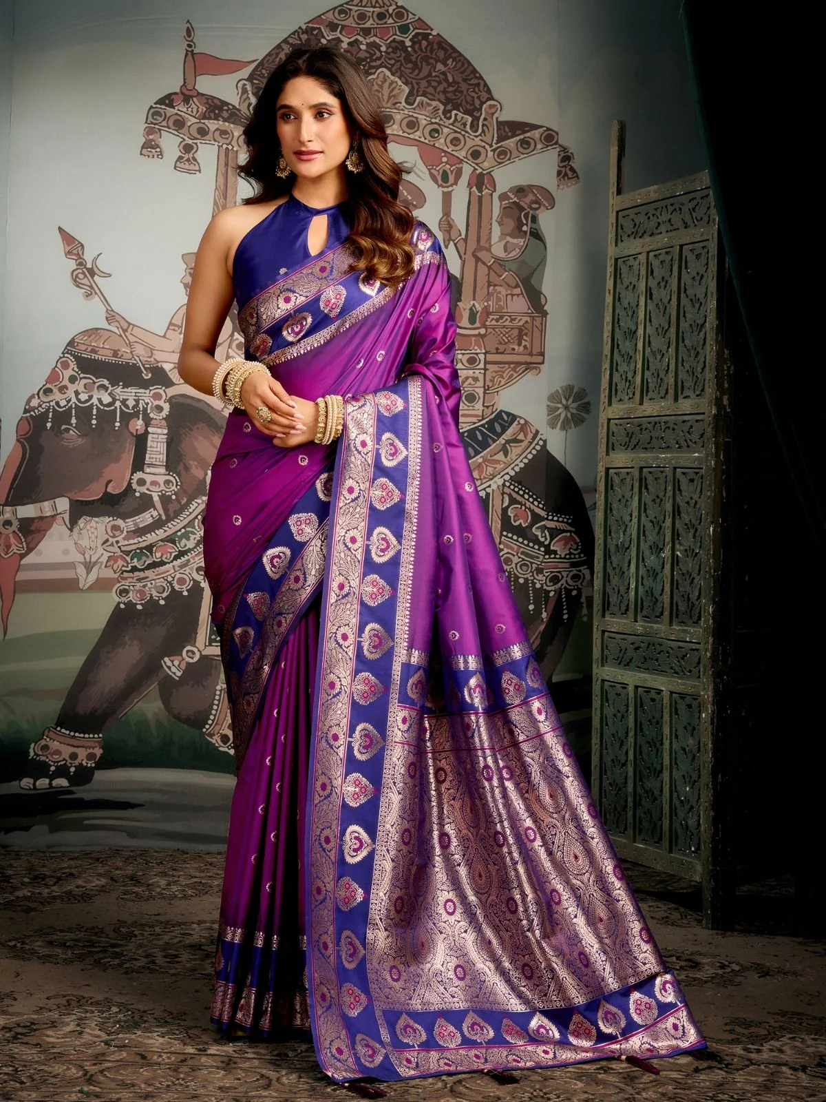 Odette Purple Silk Blend Woven Saree For Women