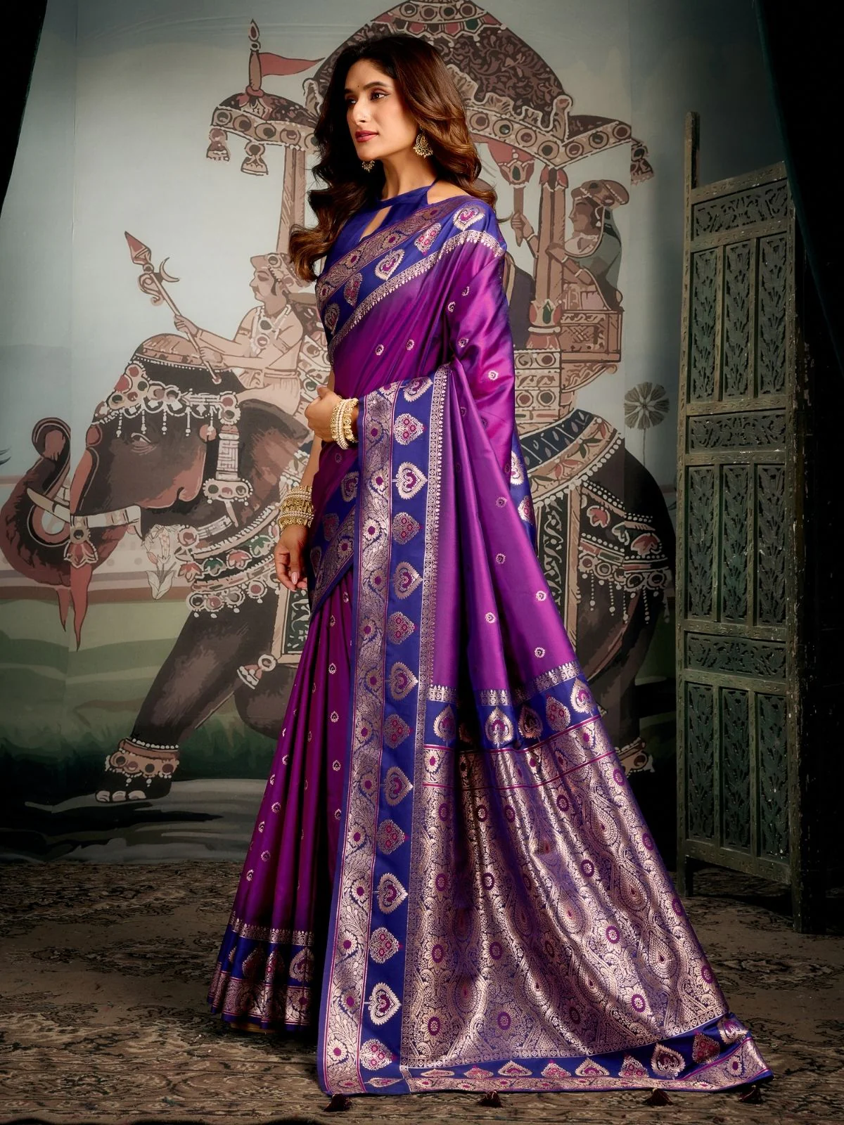 Odette Purple Silk Blend Woven Saree For Women - Image 2