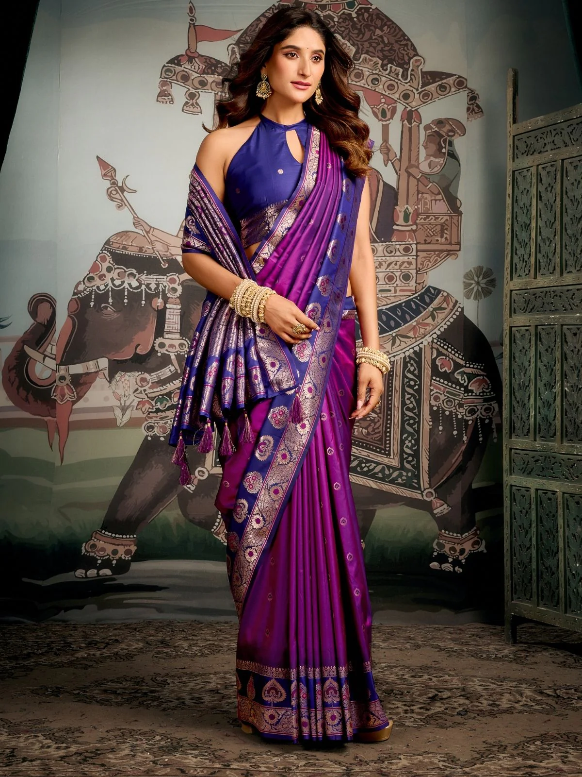Odette Purple Silk Blend Woven Saree For Women - Image 3