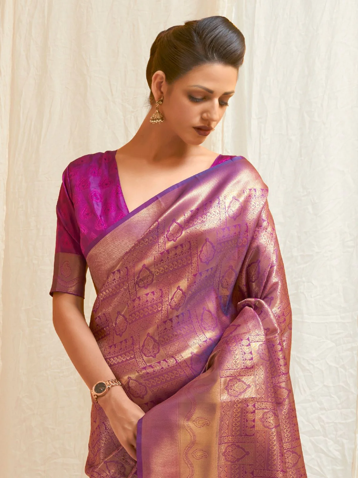 Odette Purple Silk Blend Woven Saree With Unstitched Blouse For Women - Image 2
