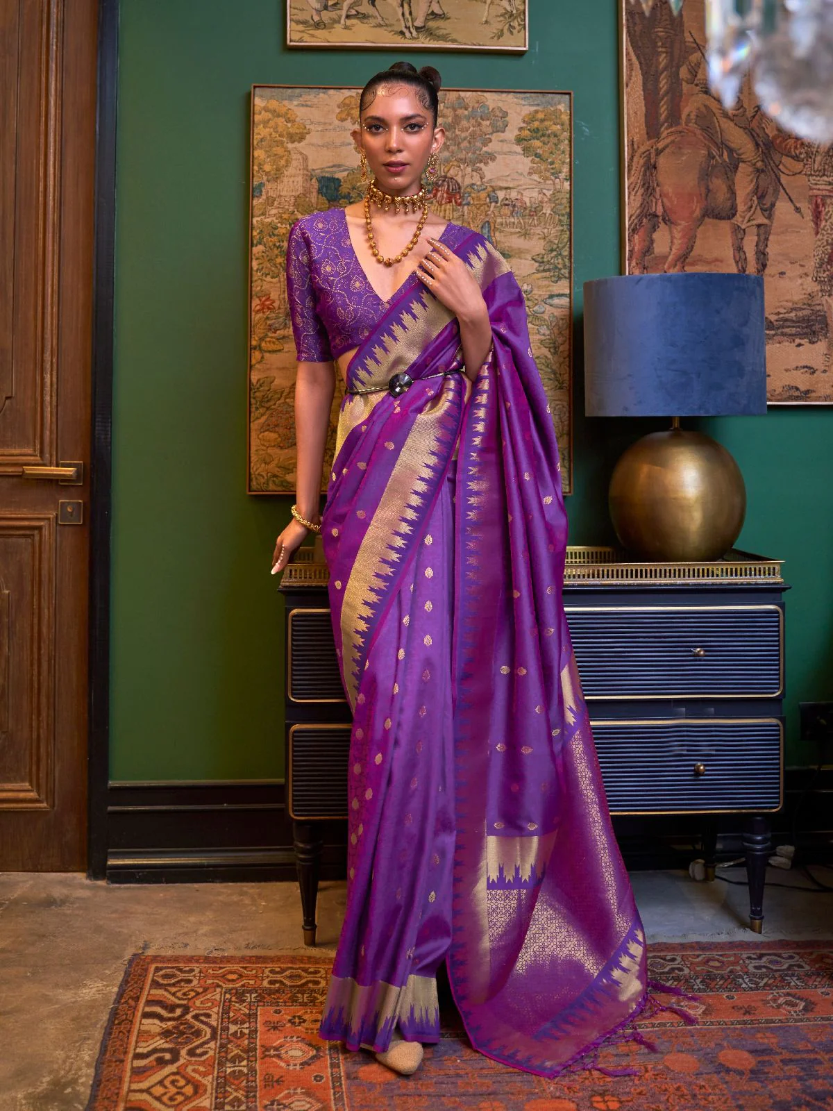 Odette Purple Silk Blend Woven Saree With Unstitched Blouse for Women