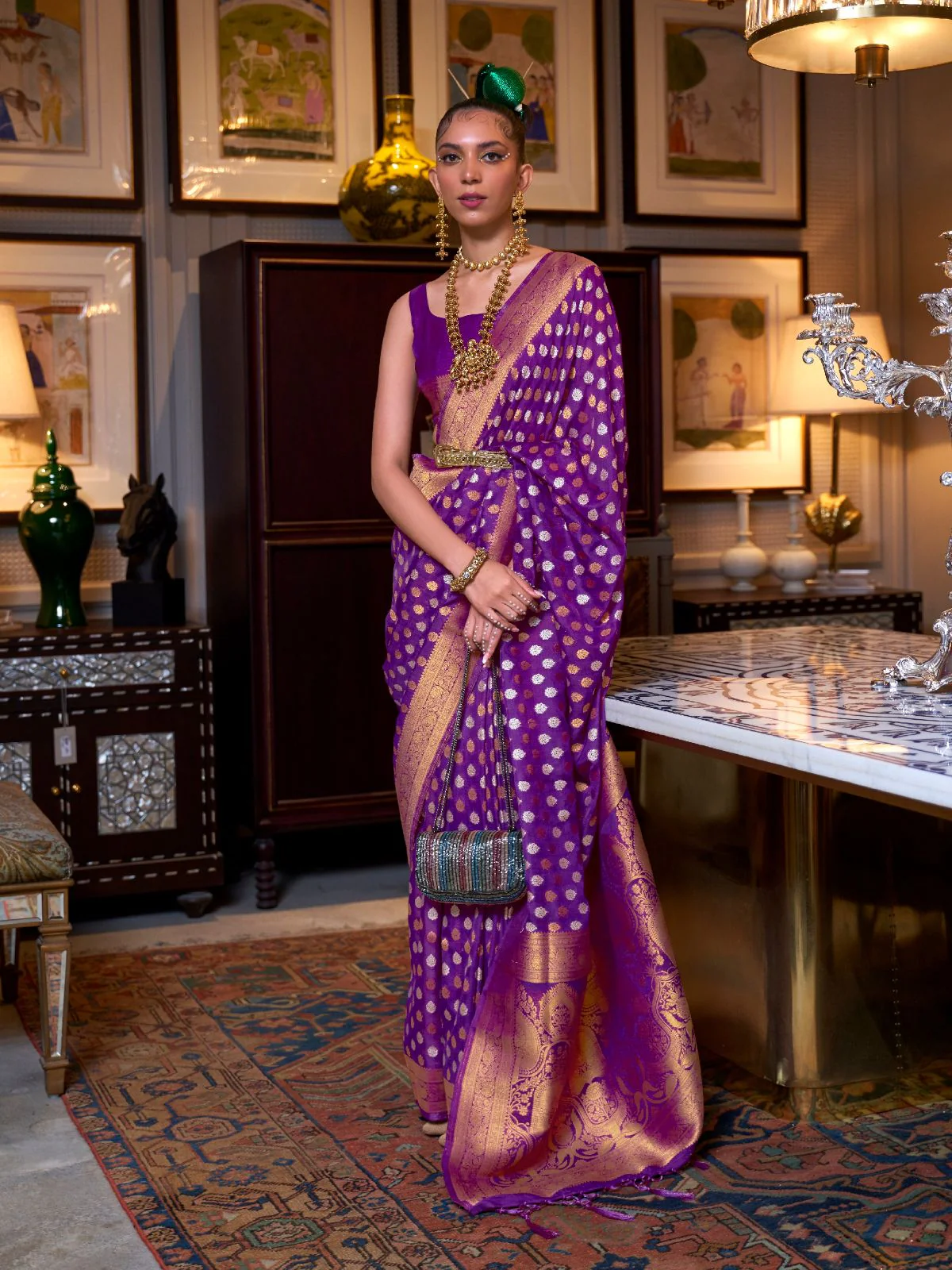 Odette Purple Silk Blend Woven Saree With Unstitched Blouse for Women
