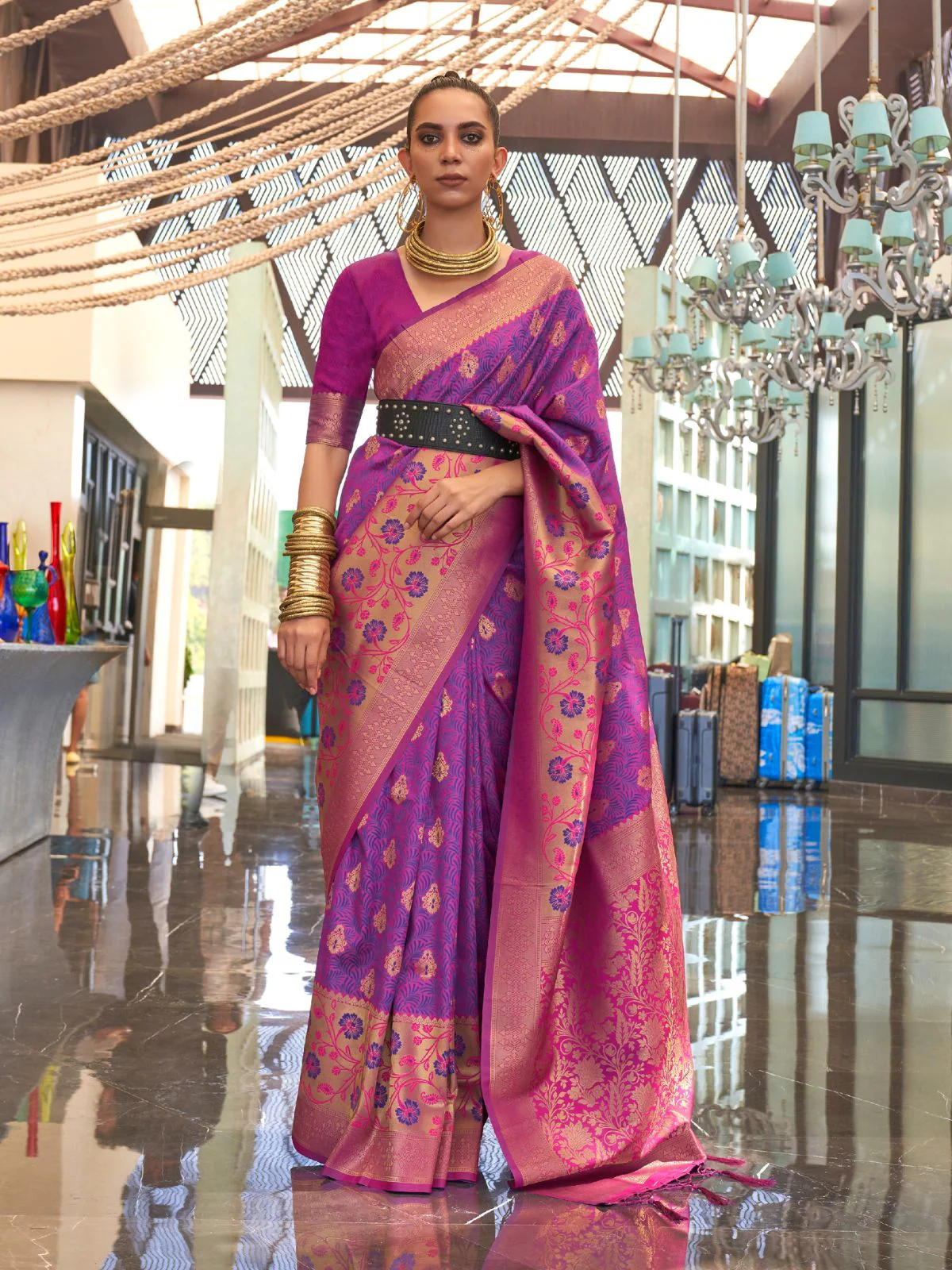 Odette Purple Silk Blend Woven Saree With Unstitched Blouse for Women