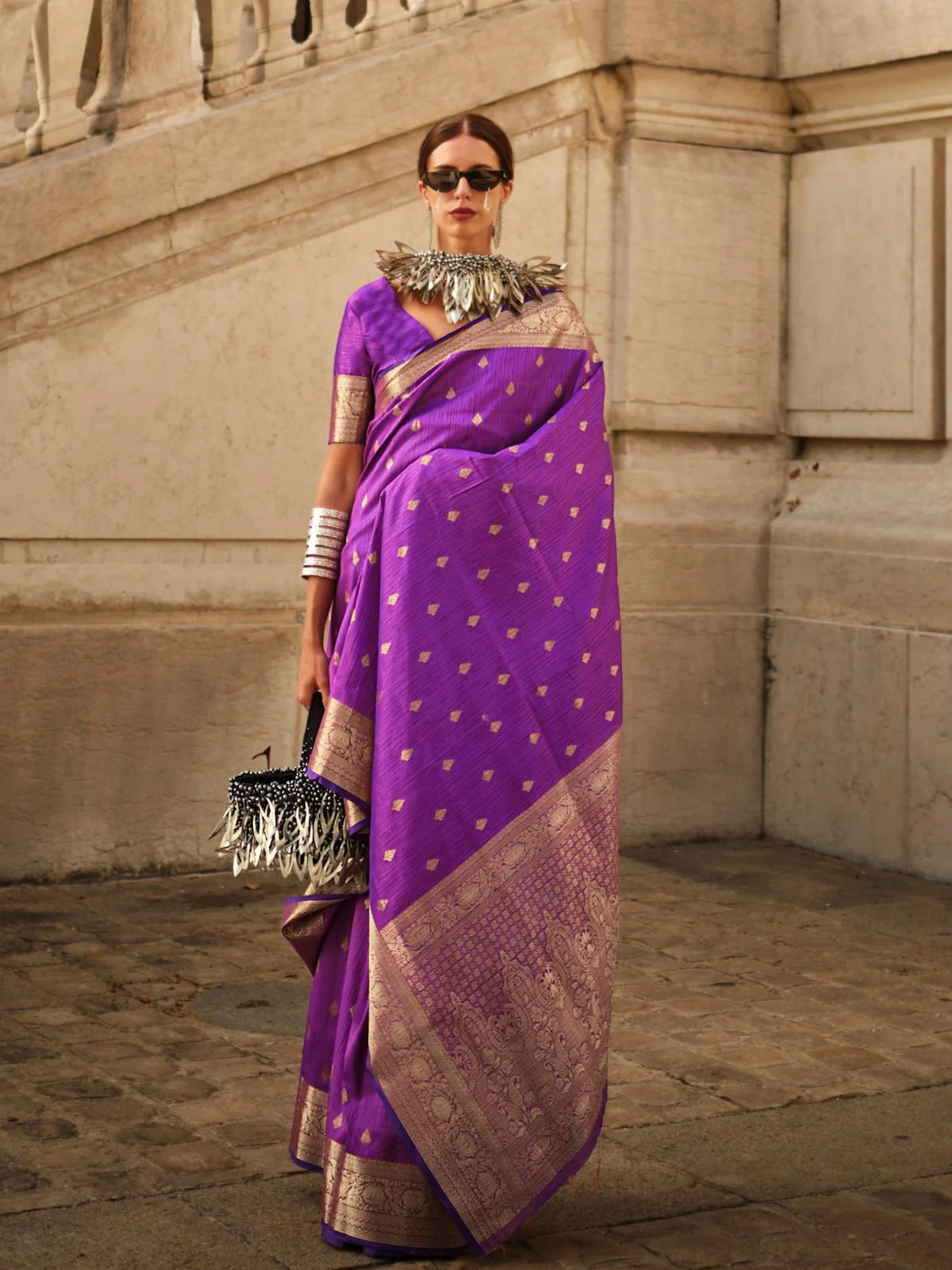 Odette Purple Silk Blend Woven Saree With Unstitched Blouse For Women