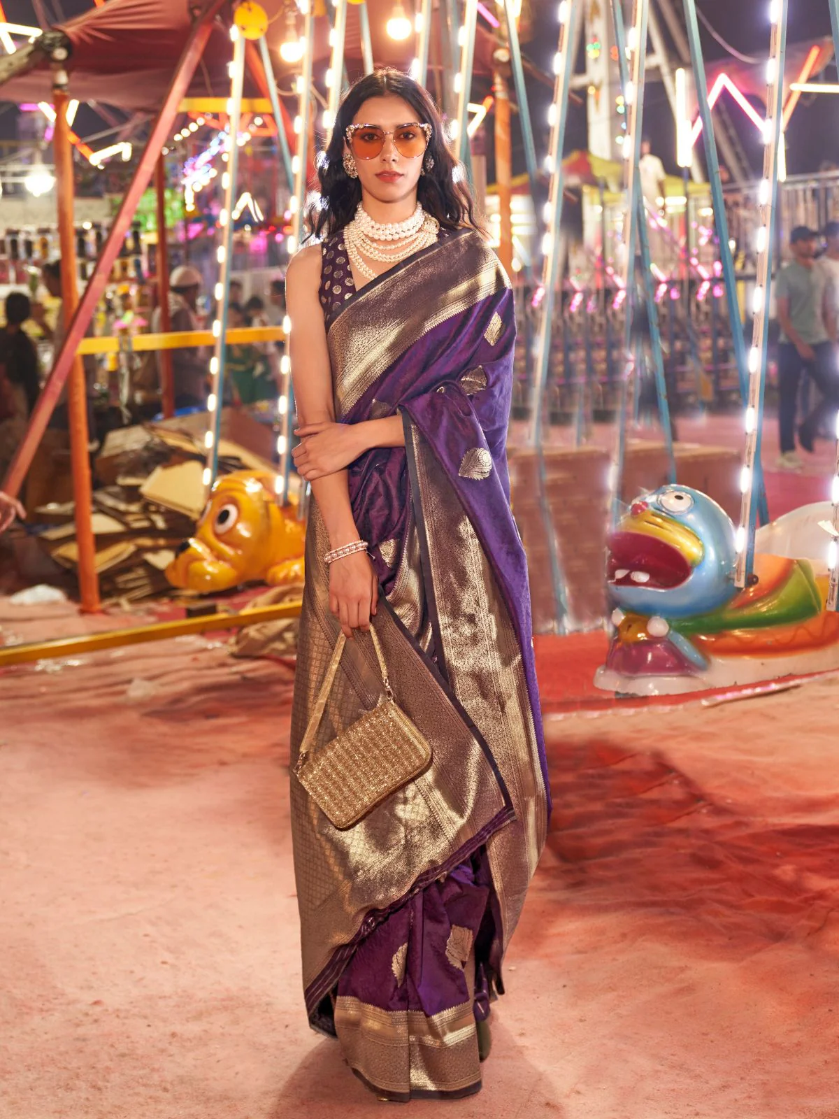 Odette Purple Silk Blend Woven Saree With Unstitched Blouse For Women