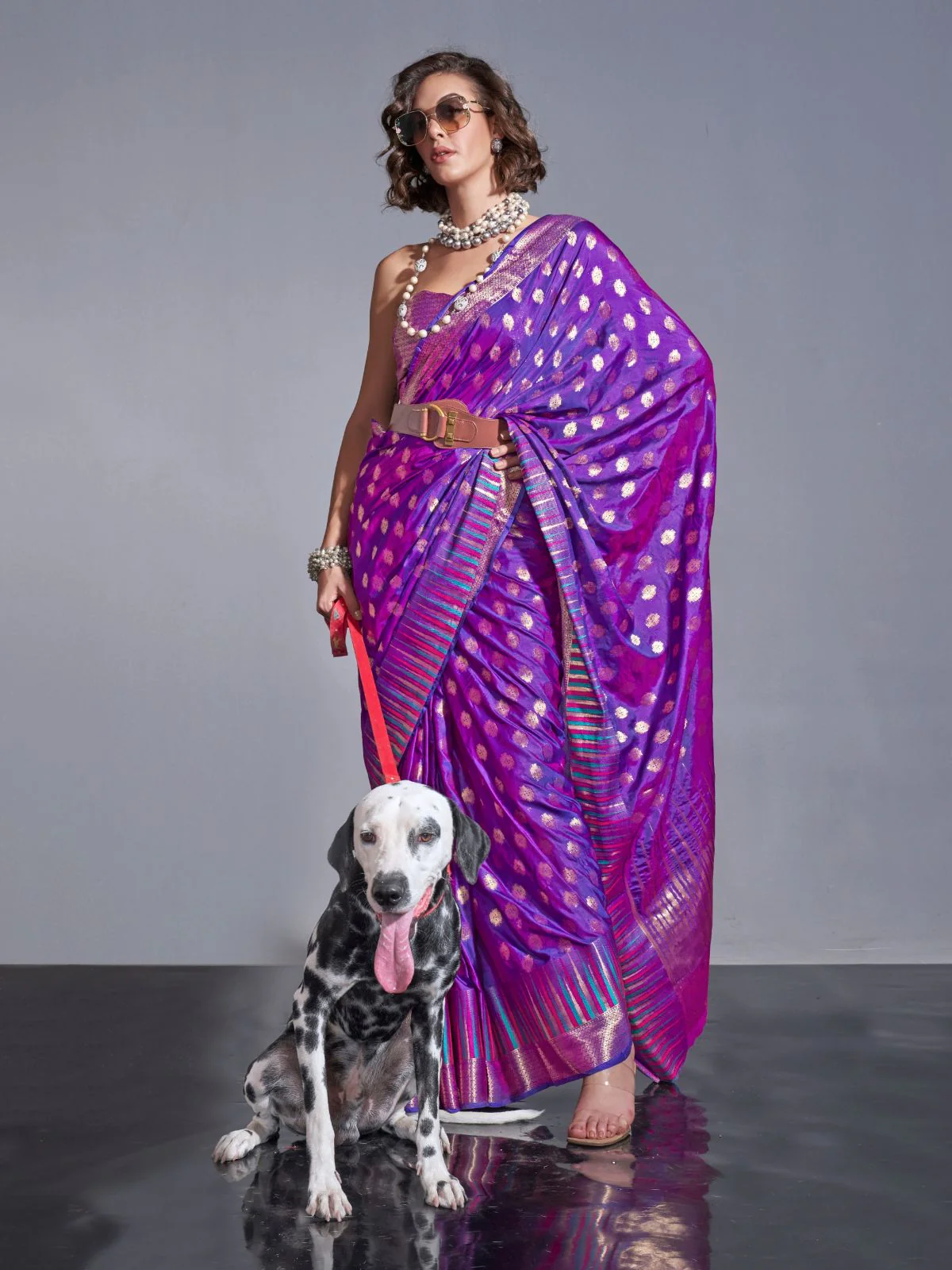 Odette Purple Silk Blend Woven Saree With Unstitched Blouse For Women