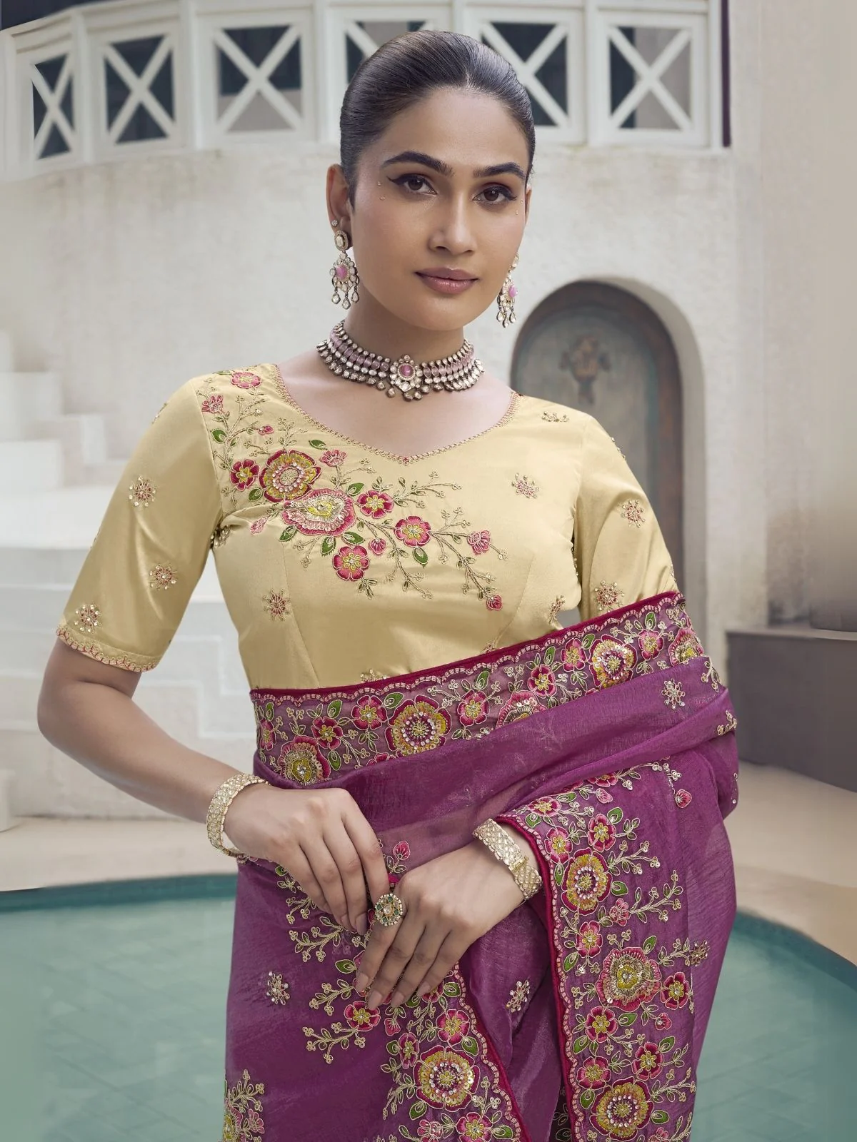 Odette Purple Organza Embroidered Saree With Unstitched Blouse For Women - Image 2