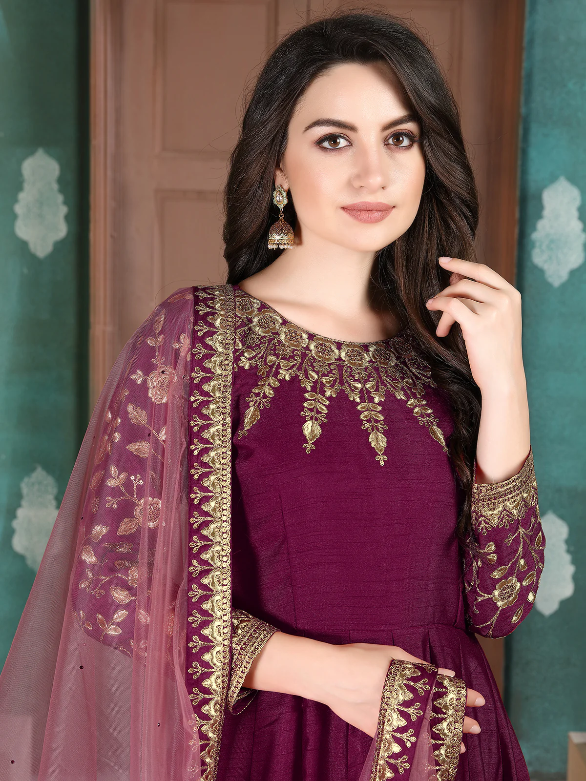 Odette Purple Silk Embroidered Semi stitched Kurta Set For Women - Image 3