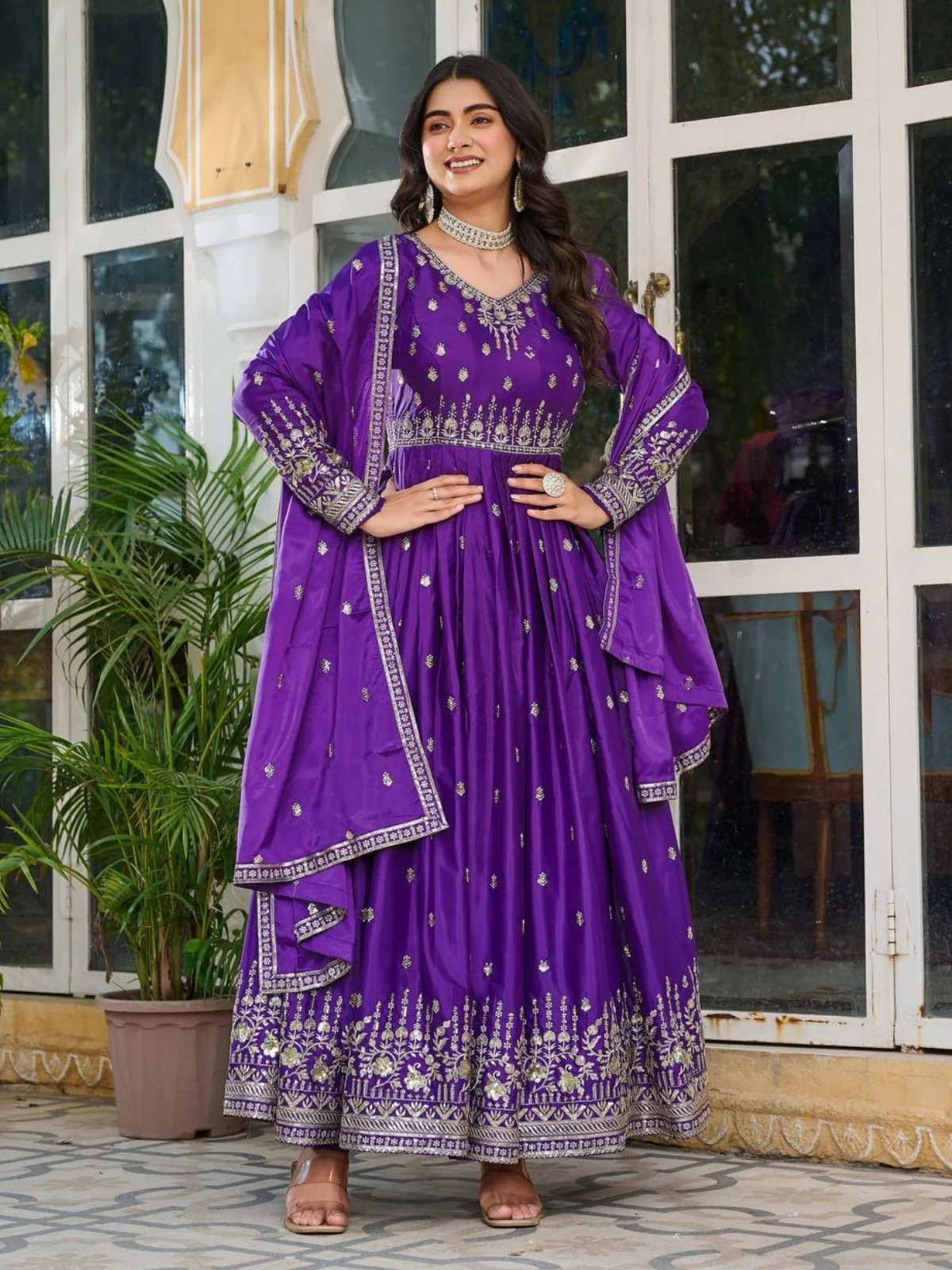 Odette Purple Silk Solid Stitched Kurta Set For Women