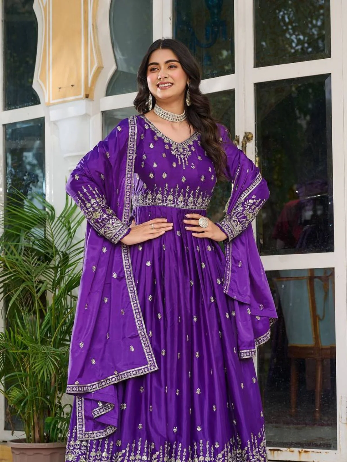 Odette Purple Silk Solid Stitched Kurta Set For Women - Image 3
