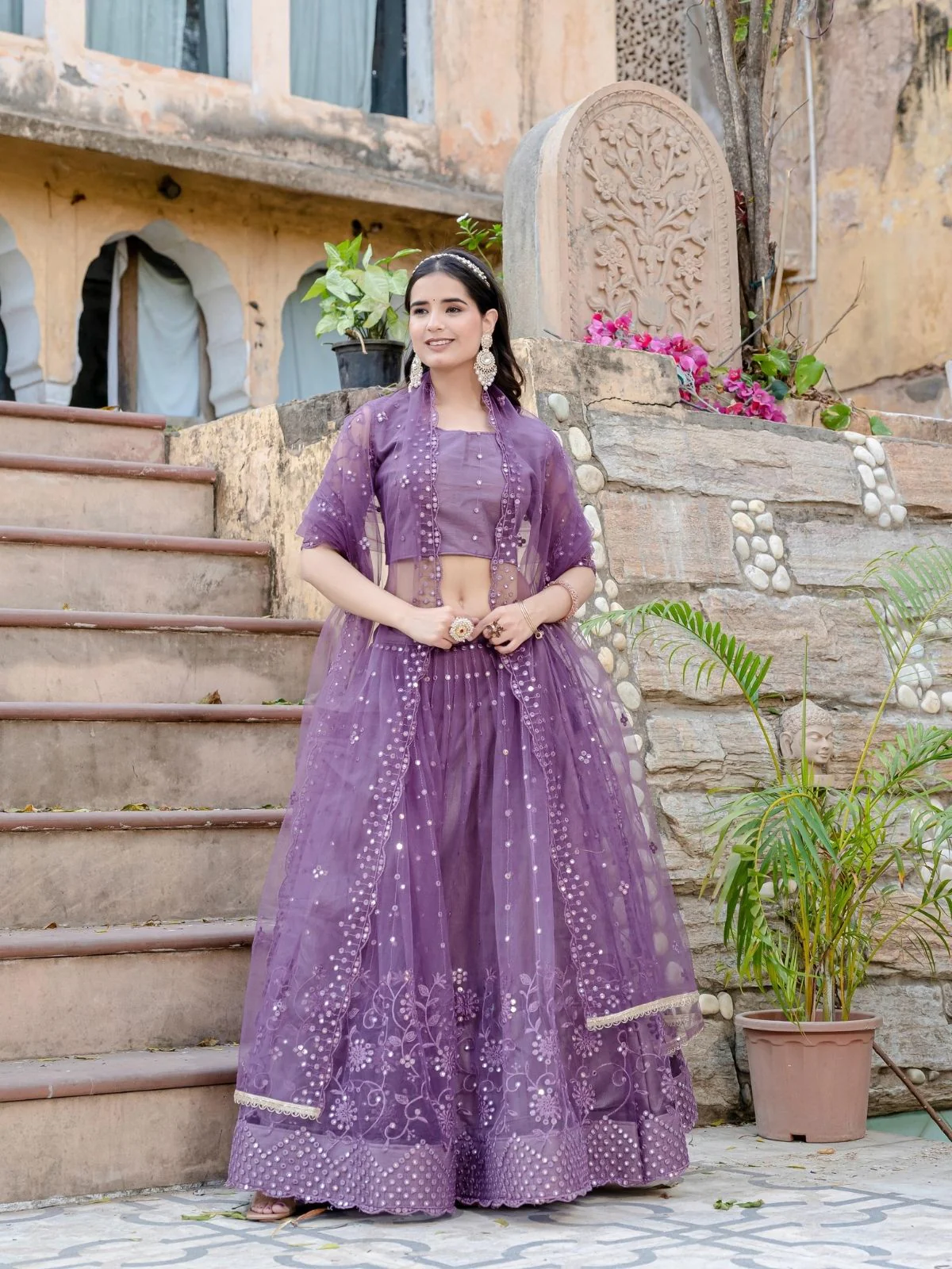 Odette Purple Soft Net Embellished Semi-Stitched lehenga For Women