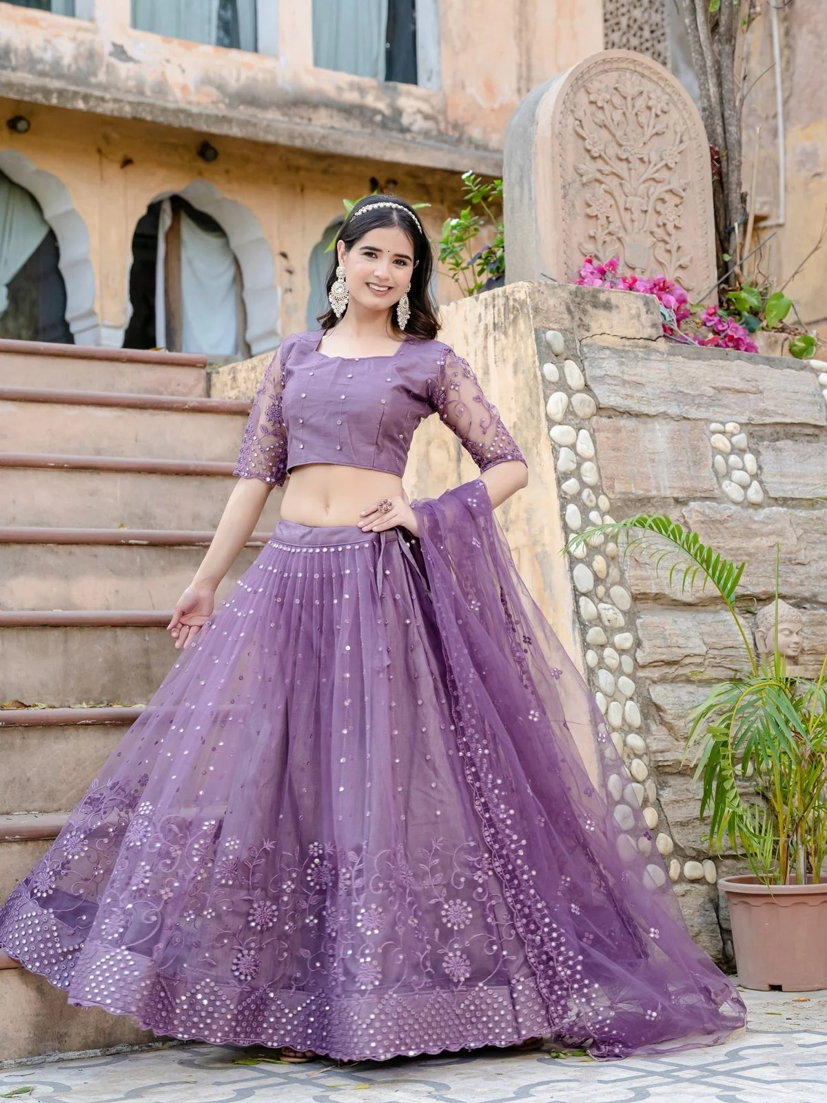 Odette Purple Soft Net Embellished Semi-Stitched lehenga For Women - Image 2