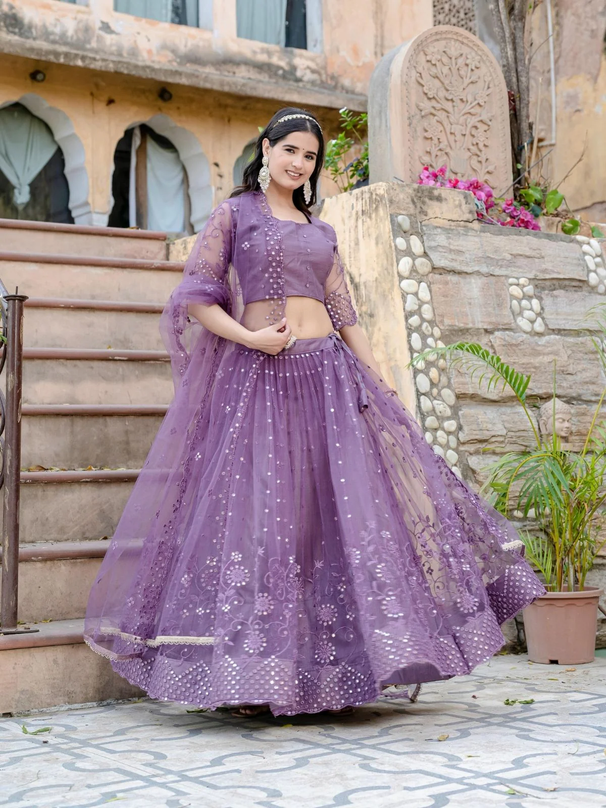 Odette Purple Soft Net Embellished Semi-Stitched lehenga For Women - Image 3