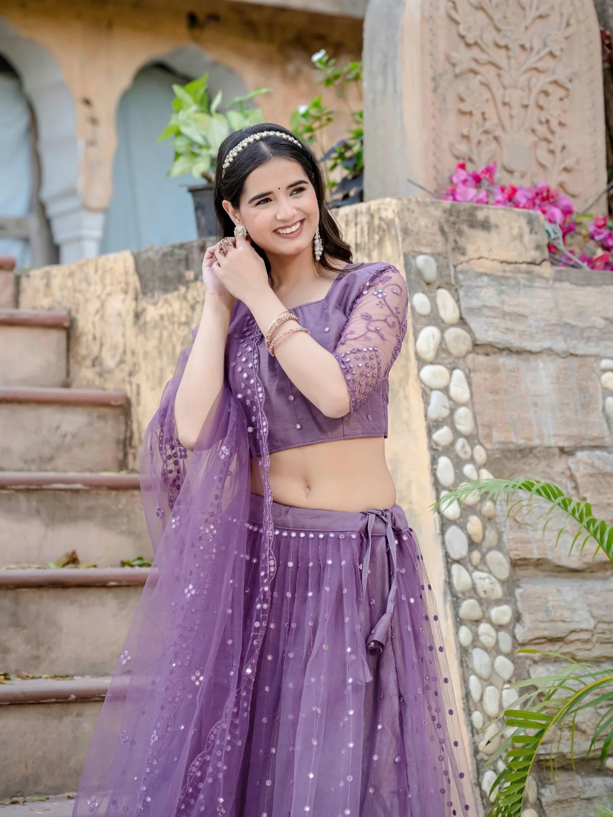 Odette Purple Soft Net Embellished Semi-Stitched lehenga For Women - Image 4