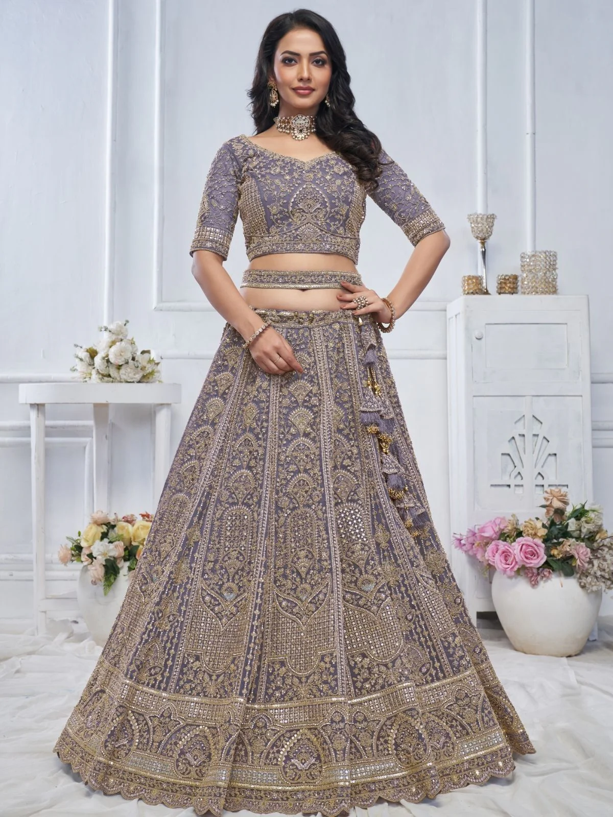Odette Purple  Soft Net Embroidered Semi-Stitched Lehenga With Unstitched Blouse For Women - Image 2